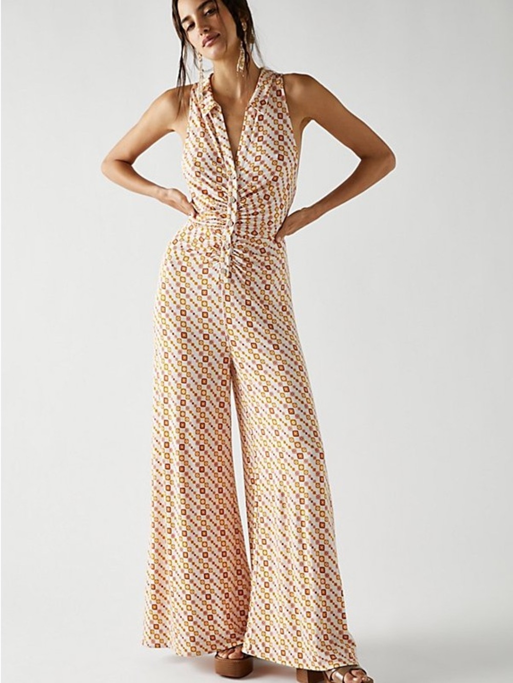 Free People Shayla Halter Sleeveless Wide-Leg Hippie Jumpsuit Cream Orange XS